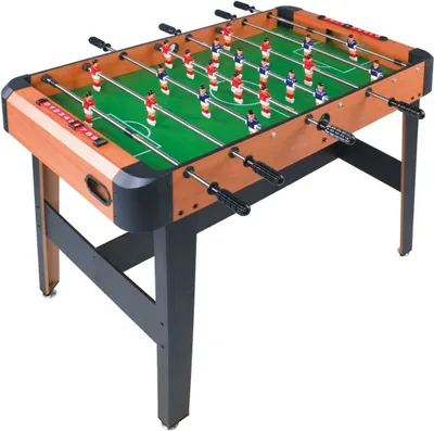 A foosball table is shown from a slightly elevated, diagonal angle against a white background.