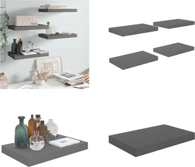 Produktbild von vidaXL Schweberegale 4 Stk. Hochglanz Grau 40x23x3,8 cm MDF - Wandregal - Wandregale - Schwebendes Wandregal - Wandregal Schwebend