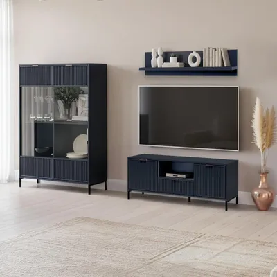 Produktbild von Wohnwand Indigo blau LAURO-161 modern mit Rillenoptik 3-teilig