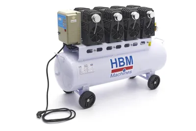 Productafbeelding van Stille, olievrije compressor met een capaciteit van 120 liter en een druk van 10 bar, merk HBM, uit Nederland