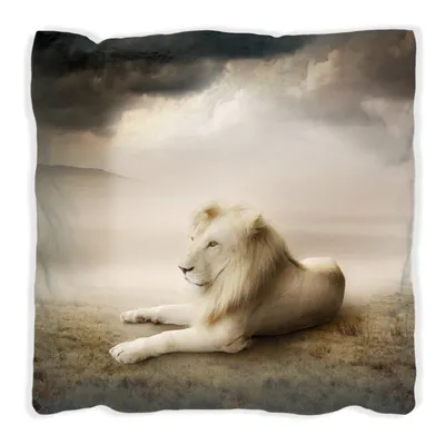 Produktbild von Wallario Premium Kissen, weiche Oberfläche, mit Motiv Stattlicher ruhender Löwe in Afrika in Sepiafarben, Größe: 60 x 60 cm, mit weißer Rückseite