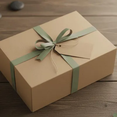 A brown cardboard gift box with a green ribbon and a gift tag, placed on a wooden surface.