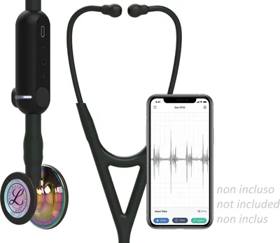 A digital stethoscope is shown next to a smartphone displaying a heart rhythm graph.