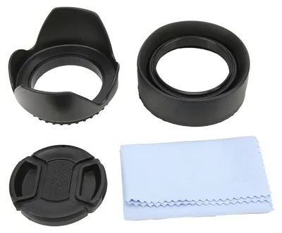 Produktbild von 4-in-1-Gegenlichtblenden-Set mit Gummi-Lotuskappe und Reinigungstuch, 49 mm