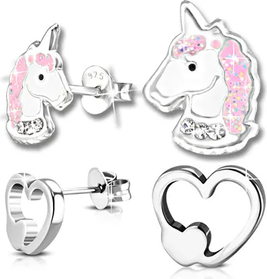 Produktbild von 2x Kinder Ohrringe Echt 925 Silber Pferde Einhorn Mädchen Ohrstecker Herz Edelstahl K207+K179