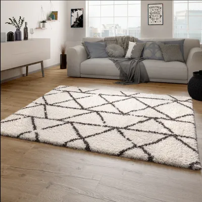 Image de Tapis à poils longs pour salon Shaggy à poils longs Motif scandinave en losange Moderne Dimensions 120 x 160 cm