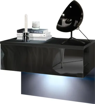 Produktbild von Vladon Nachttisch Sleep,  Germany, Nachttischschrank mit Schublade zur Wandmontage, Schwarz matt/Schwarz Hochglanz, inkl. LED-Beleuchtung (60 x 46 x 35 cm)