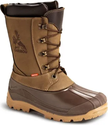 A single brown winter boot is shown against a white background.
