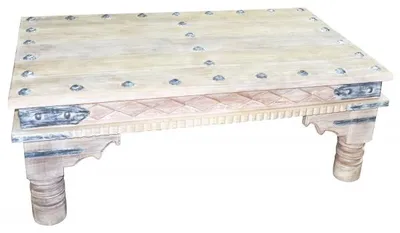 Immagine prodotto di Tavolino da salotto marocchino in legno massello Hayed 120 cm | Tavolino vintage in legno massello con decorazioni in metallo per il vostro salotto | Tavolino da divano orientale in legno massello, bianco shabby