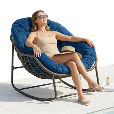 Produktbild von LVHOM Schaukelsessel Garten mit gepolstertem Kissen, Rattanstuhl mit Stahlrahmen, Schaukelstuhl Outdoor Loungesessel, Sessel für Balkon, Blau
