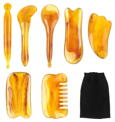 Produktbild von Gua Sha-Schabern: 7 verschiedene Formen – Natürliches Harz – Bernstein-Farbe