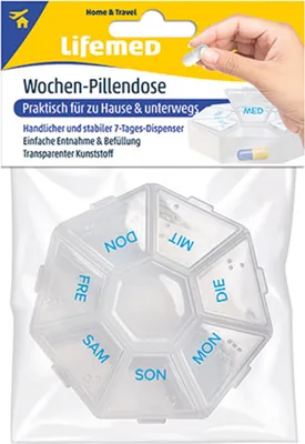 Zdjęcie produktu dla Lifemed 99456 Lifemed tygodniowy pojemnik na tabletki, plastikowy, przezroczysty / niebieski