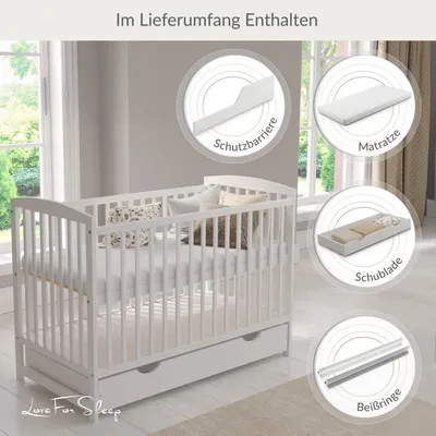 Produktbild von Love For Sleep Weiß Babybett Gitterbett mit Schublade 120 x 60cm + Schaumstoffmatratze + Sicherheitsgitter aus Holz + Schutzhülle