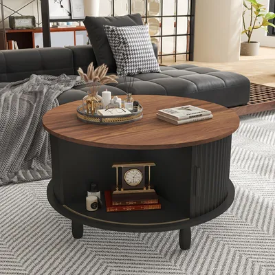 Image de Table basse - Table d'appoint - Table de salon - Table moderne ronde - Rangement dissimulé
