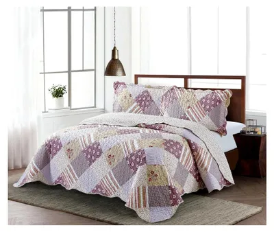 Produktbild von Rosafarbene Tagesdecke mit Streifen für King-Size-Bett im Patchwork-Design, wendbar und leicht für alle Jahreszeiten (274,3 x 228,6 cm)