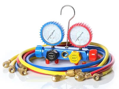 Obrázok produktu pre Pomôcka na montáž klimatizácie 4-cestná R134 R410a R22 R407c KFZ SET 4 hadice Tlakomer