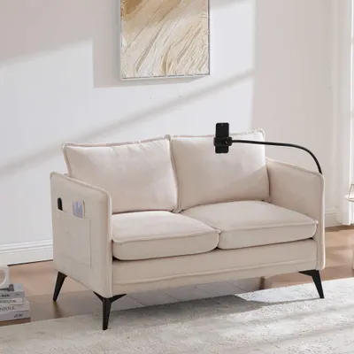 Produktbild von AIORBER 2-Sitzer Sofa mit Handyhalter und Seitentaschen, kleines Stoffsofa aus Chenille, modernes Loveseat Sofa für Wohnzimmer Schlafzimmer Balkon Beige