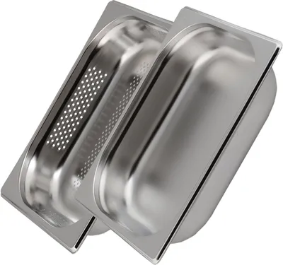 Produktbild von Greyfish 2 Stück GN-Behälter SET :: 1x gelocht / 1x ungelocht :: für Gaggenau / Miele / Siemens Dampfgarer (Edelstahl / Spülmaschine geeignet, Gastronorm 1/2, B 32,5 x T 26,5 x H 6,5 cm)