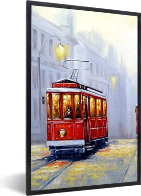 Produktbild von MuchoWow® Gerahmtes Poster Gemälde - Straßenbahn - Stadt - Öl 60x90 cm - Poster mit Schwarzem Bilderrahmen Wandposter Rahmen Foto Bilder - Kunst