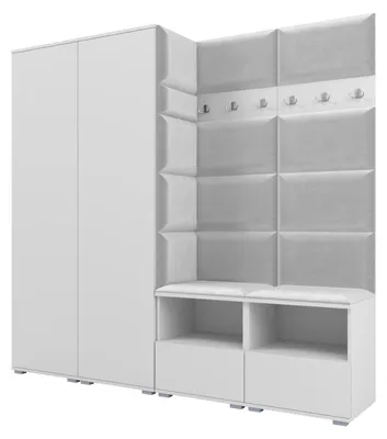 Produktbild von Garderobe NELA VI 200 cm Kompaktgarderobe Weiß mit Sitzpolster Hellgrau 32 (Schrank & Paneel)