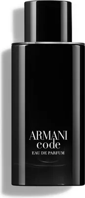 A black bottle of Armani Code Eau de Parfum is shown against a white background.