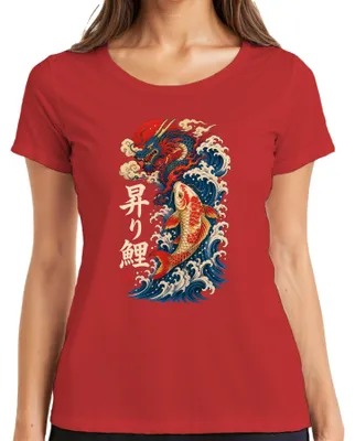 Produktbild von Japan Drache Karpfen Nobori Koi Welle Sonne Tattoo Y2K Irezumi Zen Damen T-Shirt, Rot, L