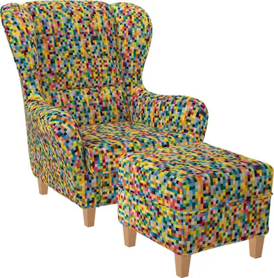 Produktbild von Supellex Sofia Ohrensessel mit Hocker | Design Pixel, kariert, bunt fancy