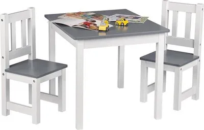 Image de Chaise et table pour enfants en bas âge, table en bois, 2 chaises, gris et blanc