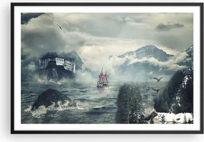 Produktbild von Gerahmtes Poster - Schwarzer Rahmen - Sturm Berge Segelschiff - 91,5x61 cm - Wand Bild - Wanddeko - Wandbilder - Wandposter - Bilderrahmen - Bilder - Kunstdruck - Wandbild - P2BAA91x61-4208