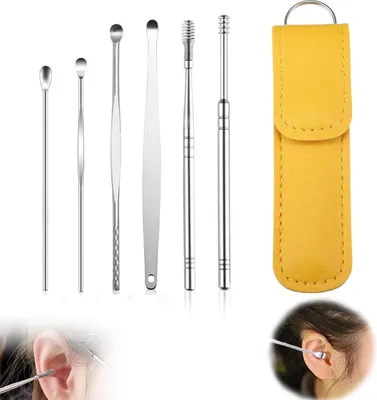 Produktbild von 6-teiliges Set aus Edelstahl Ohrreiniger mit Aufbewahrungstasche (gelb 1 Stück)