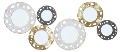 Image de Panneau décoratif mural Gloty B avec six miroirs ronds en fer or, argent et noir 104x45 cm