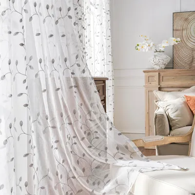 Produktbild von Easy Home Stickerei Voile Vorhänge - 140x245 cm Transparent - Blattmuster Gardinen 2er Set - Grau