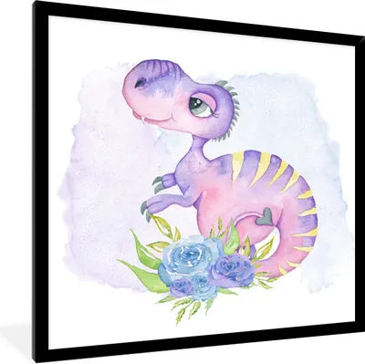 Produktbild von MuchoWow® Gerahmtes Poster Dinosaurier - Kinderzimmer - Aquarell - Mädchen - Kinder - Rosa 40x40 cm - Poster mit Schwarzem Bilderrahmen Wandposter Rahmen Foto Bilder - Mit Rahmen - Wanddekoration Schlafzimmer
