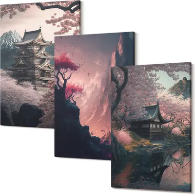 Produktbild von Leinwandbilder – Wandbilder – Leinwandbild – Canvas Bild – Polycanvas – Kunstdruck –  – Modern – Aufhängefertig – Mehrteilig – 3-Teilig – 20x30 Cm Pro Bild - Fantasielandschaften japanischer Berglandschaften