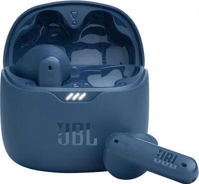 A pair of blue JBL wireless earbuds with their charging case.
