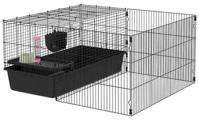 Produktbild von Kleintierkäfig - Freilaufgehege mit Stall - Abnehmbare Trennwände - Mit Zubehör - Für Kaninchen & Meerschweinchen - Schwarz