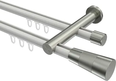 Produktbild von Interdeco Innenlaufstange / Gardinenstange mit Innenlauf Weiß / Edelstahl-Optik, Typ Platon Tanara (Konus Bicolor), 20 mm Ø 2-läufig, 240 cm