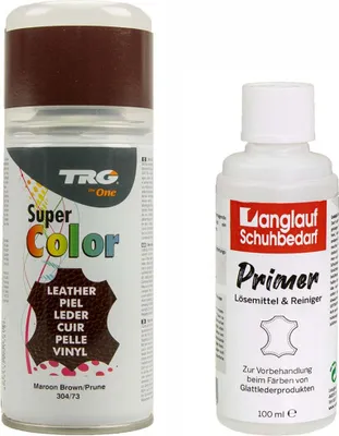 Produktbild von TRG Lederfarbspray 150ml Dose + Primer Lederreiniger 100ml - Color Spray, Farbspray Schnelltrocknend, Abriebfest - zum Färben aller Glattleder und Kunstleder kastanienbraun 304/73