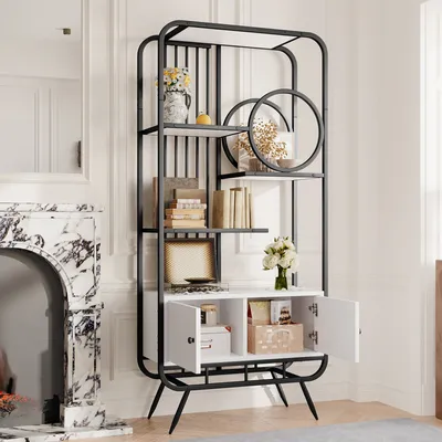 Zdjęcie produktu dla Szafka do przechowywania z metalową półką, podwójne drzwi, 3 półki, okrągła dekoracja, 80x30x180cm, czarno-biała