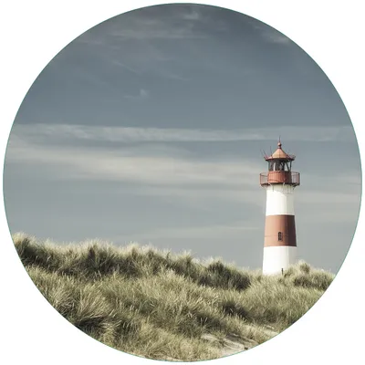 Produktbild von Wallario Premium Glasbild, freischwebende Optik, kräftige Farben, rund 50cm Durchmesser, Motiv Leuchtturm auf der Düne am Strand