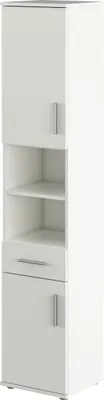 A tall, narrow white bathroom cabinet with doors and open shelves.