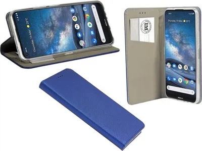 Three views of a blue flip-style phone case for a Nokia 8.3 5G, one open showing the phone, one closed, and one detached case.