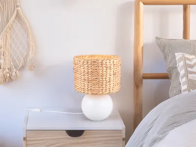 Produktbild von Große Skandinavische LED Tischlampe Boho Style mit Lampenschirm Natur, Höhe 40cm