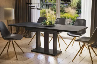 A dining table with chairs in a well-lit room with a garden view.