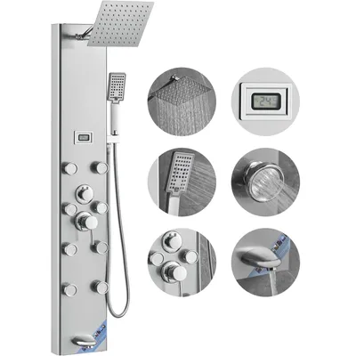 Obrázek produktu pro Sprchový panel VEVOR, 5 sprchových režimů, sprchová věž s digitálním displejem, dešťová sprcha, 8 masážních trysek, vanový výtok, ruční sprcha se 3 nastaveními, 59palcová hadice, nástěnná sprchová souprava z nerezové oceli