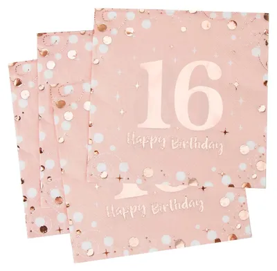 Productafbeelding van Servetten "Happy Birthday", 16 stuks, 3-laags, roze, voor verjaardagsfeest
