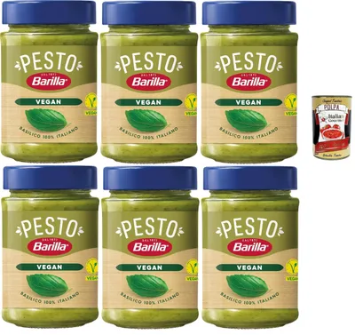 Produktbild von Barilla Pesto Vegan – 6 × 195 g Glas, Basilikum-Pesto ohne Käse, V-Label, 100% italienisches Basilikum, cremig & vielseitig, vegetarisch/vegan, Vorratspack + Italian Gourmet polpa