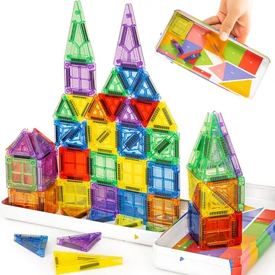 Produktbild von Mini Magnetische Bausteine 60-teilig – Magnetbausteine Reiseset mit Metallbox – Mini Magnetfliesen für Kinder ab 3 Jahren – Montessori Lernspielzeug – Kreatives Magnetspiel für Jungen und Mädchen