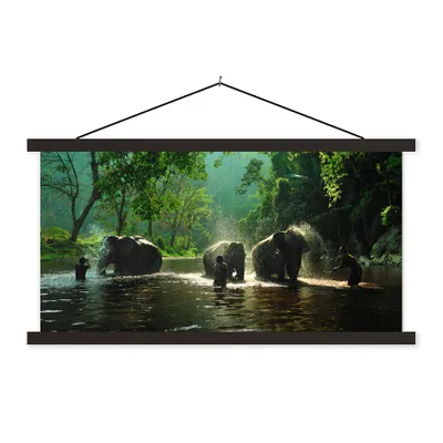 Produktbild von MuchoWow® Textilposter Elefant - Wasser - Bäume - Grün - Tiere 90x45 cm mit schwarzem Rahmen - Klemmleisten