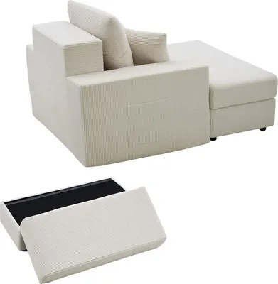 Obrázek produktu pro SucceBuy Modulární pohovka chaise longue 1115 mm, Pohodlné lounge křeslo z manšestru s polštáři, područkami a hlubokým sedákem, ideální do obývacího pokoje nebo ložnice, béžová barva